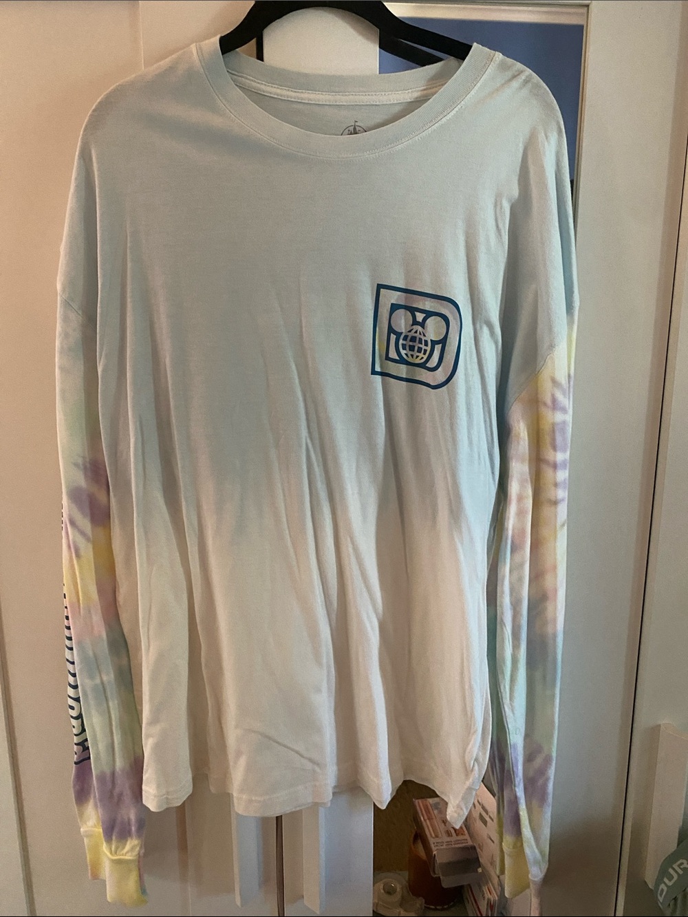 Light Blue Tie-Dye Sleeve Long Sleeve Tee with Chest Logo